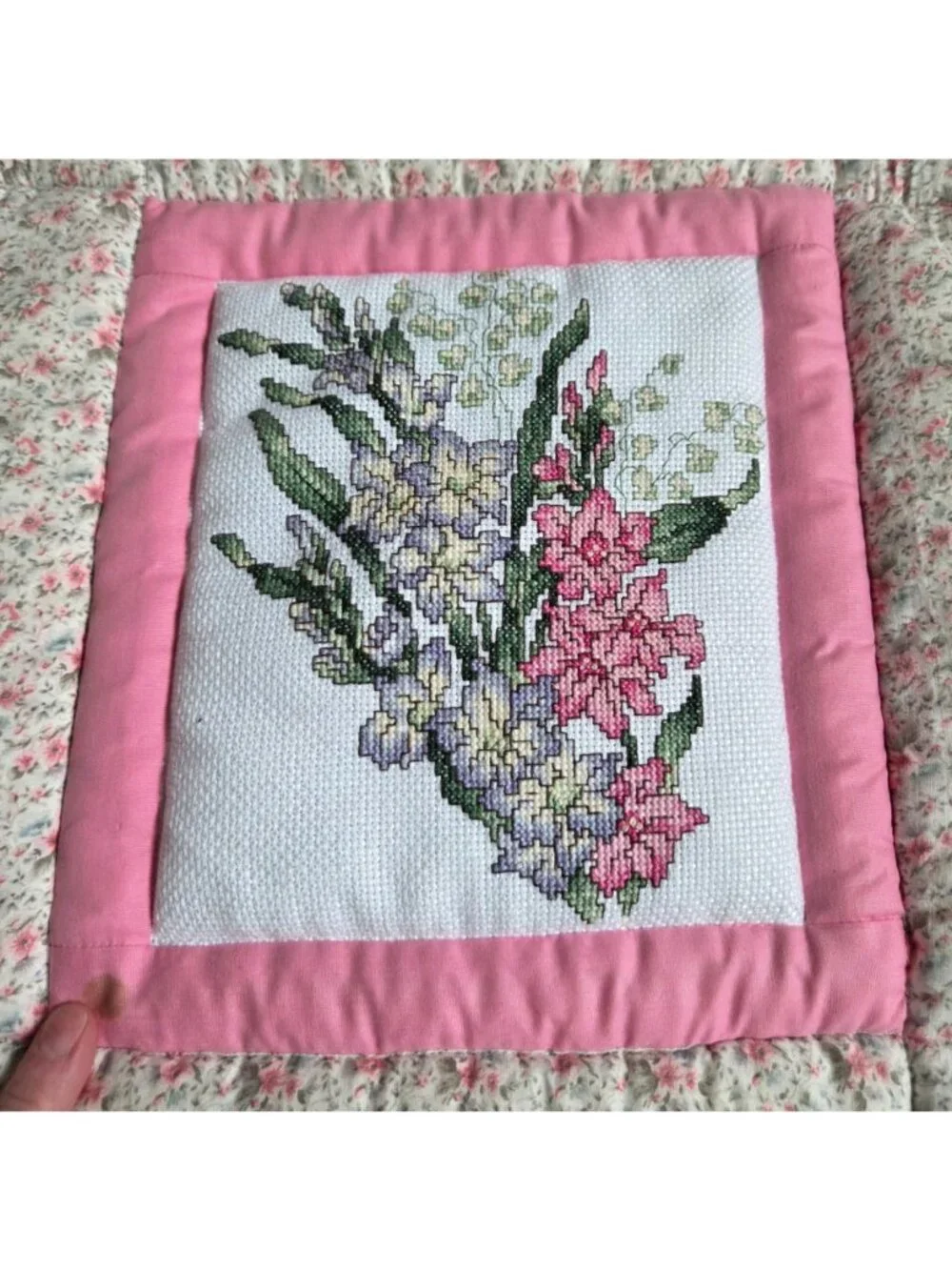 Handmade Hand Cross Stitched Embroidered Pink Floral Quilted Wall Hanging READ
